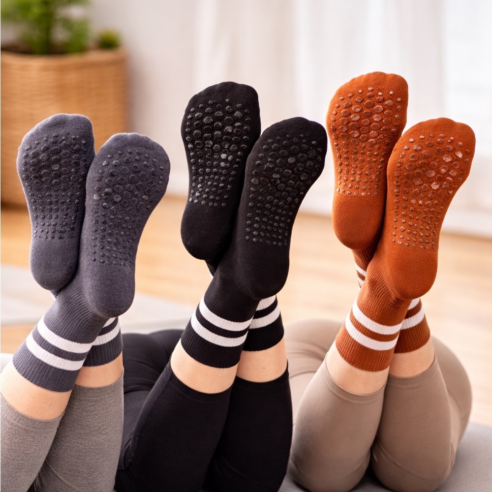 Non-Slip Yoga walk of wellness Socks - Gray, Black & Brown 3pack of socks